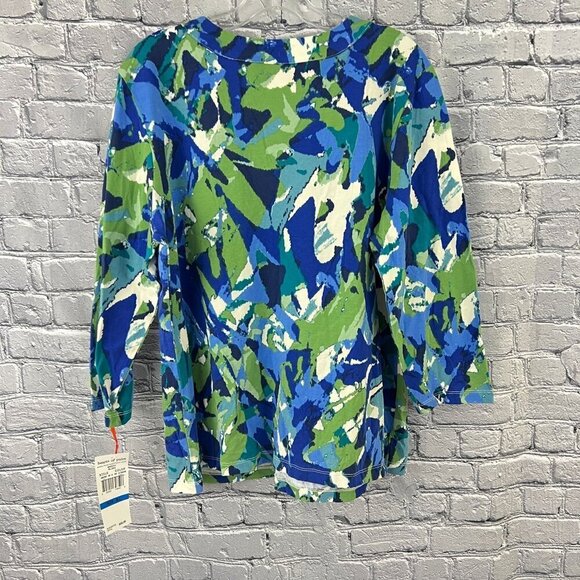 Hearts Of Palm Womens XL Blue Green Abstract V-Neck 3/4 Sleeve Top With Sequins - Picture 5 of 7